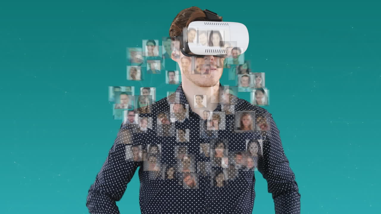 Animation of portraits of diverse people over businessman using vr headsets