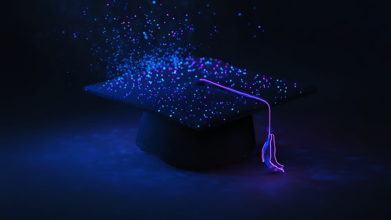 Un tocco di laurea ipnotico irradia colori vivaci e scintillii incantevoli, a simboleggiare il successo e il percorso dell'istruzione, trasformando le aspirazioni in successi in un'atmosfera onirica.
