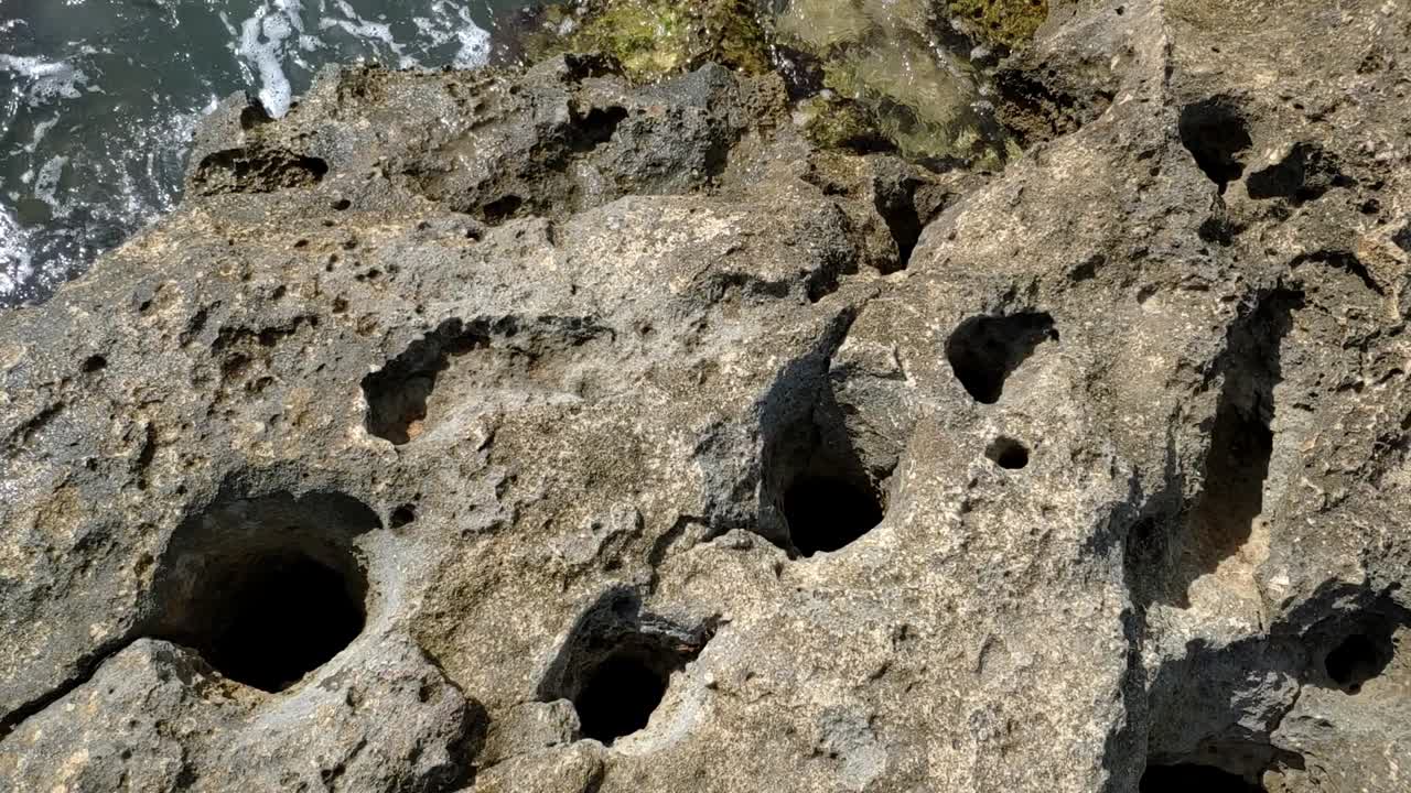 Close-up of a rock on the sea with geological formations. Daylight