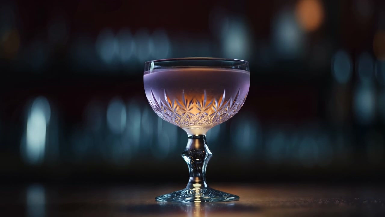 Bicchiere da cocktail coupe di cristallo viola in un bar, cristallo intagliato vintage che brilla di un caldo color ambra sotto luci neon bokeh.