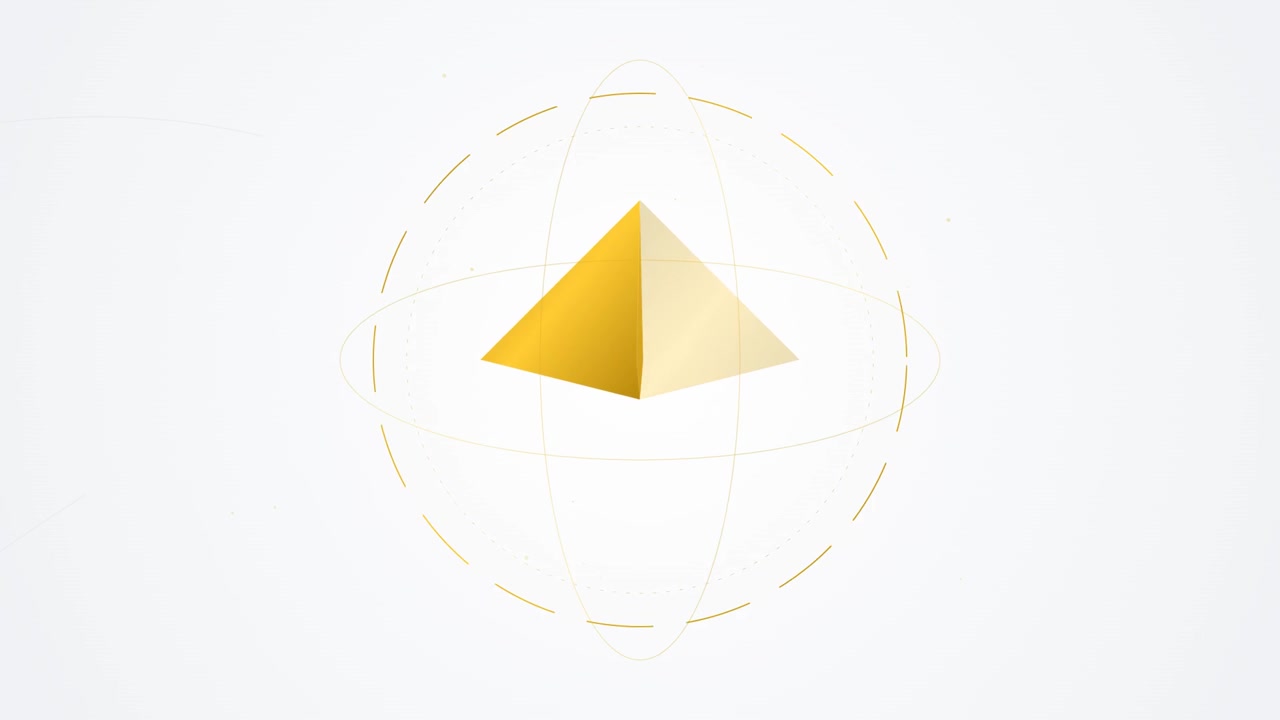 Abstract Golden Pyramid Rotating Inside a Digital Wireframe Sphere