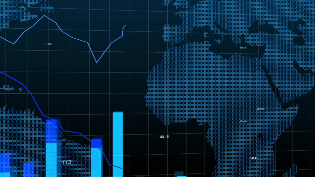 Animation of financial data processing over world map background