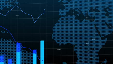 animación del procesamiento de datos financieros sobre el fondo del mapa del mundo