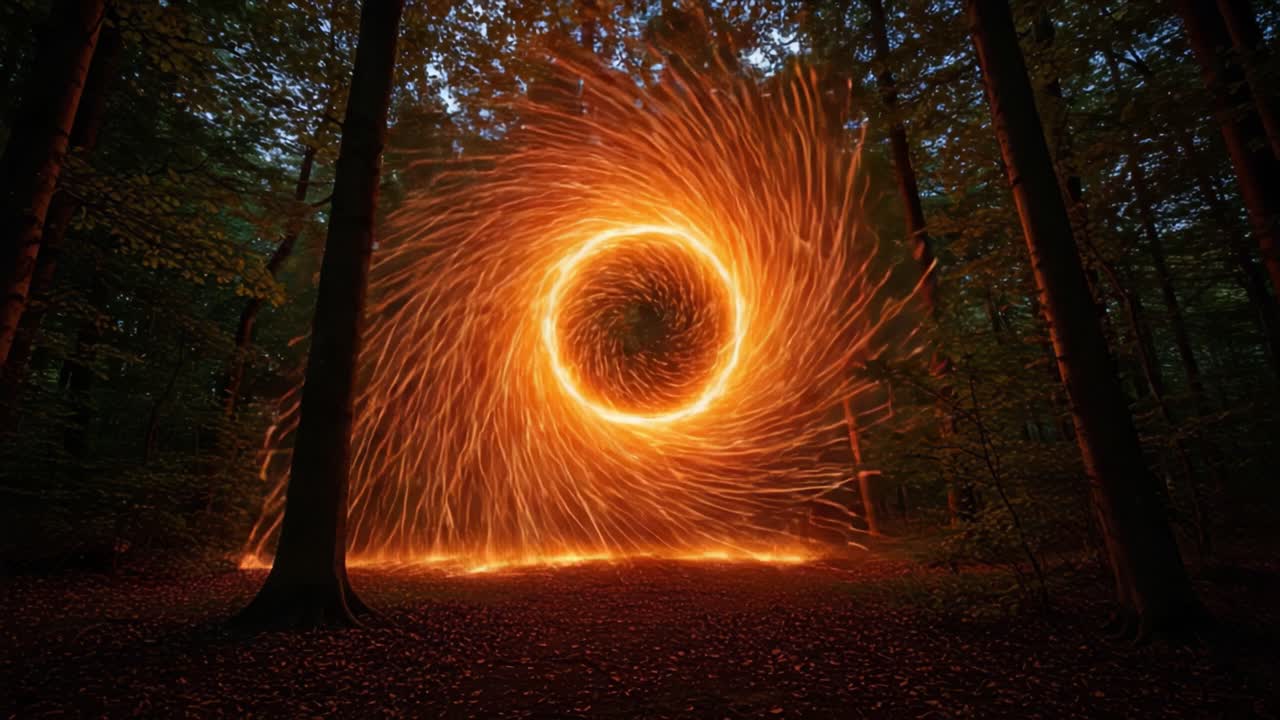 A mesmerizing display of swirling orange sparks forms a stunning circular pattern in a dark forest, creating an ethereal atmosphere that captivates the viewer