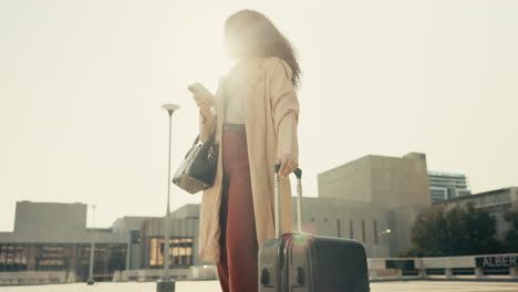 phone, luggage and businesswoman waiting