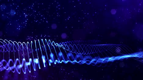 4k looped science fiction particle background with bokeh and light effects. glow blue particles form lines, surfaces, complex structures in smooth motion like in the microworld or space. 6