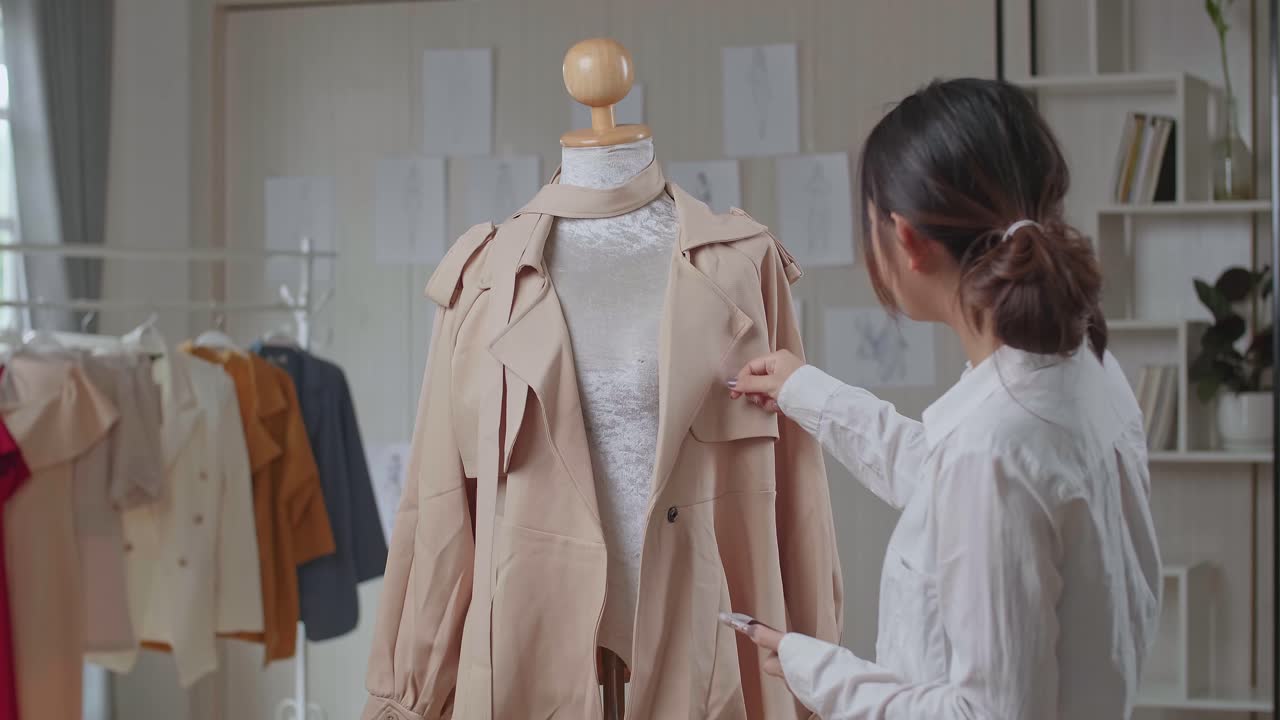 Fashion Designer taking a picture of a beige coat on a mannequin