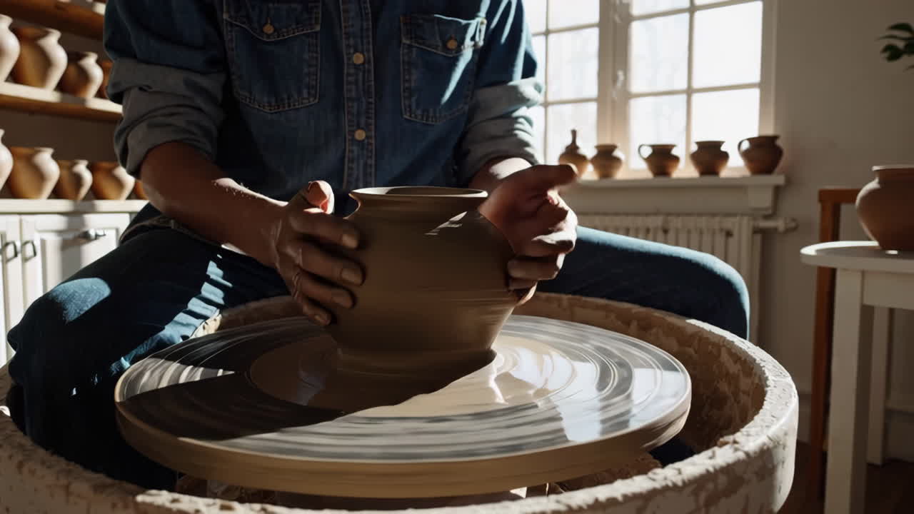 Pottery Artist Shaping Clay on Wheel