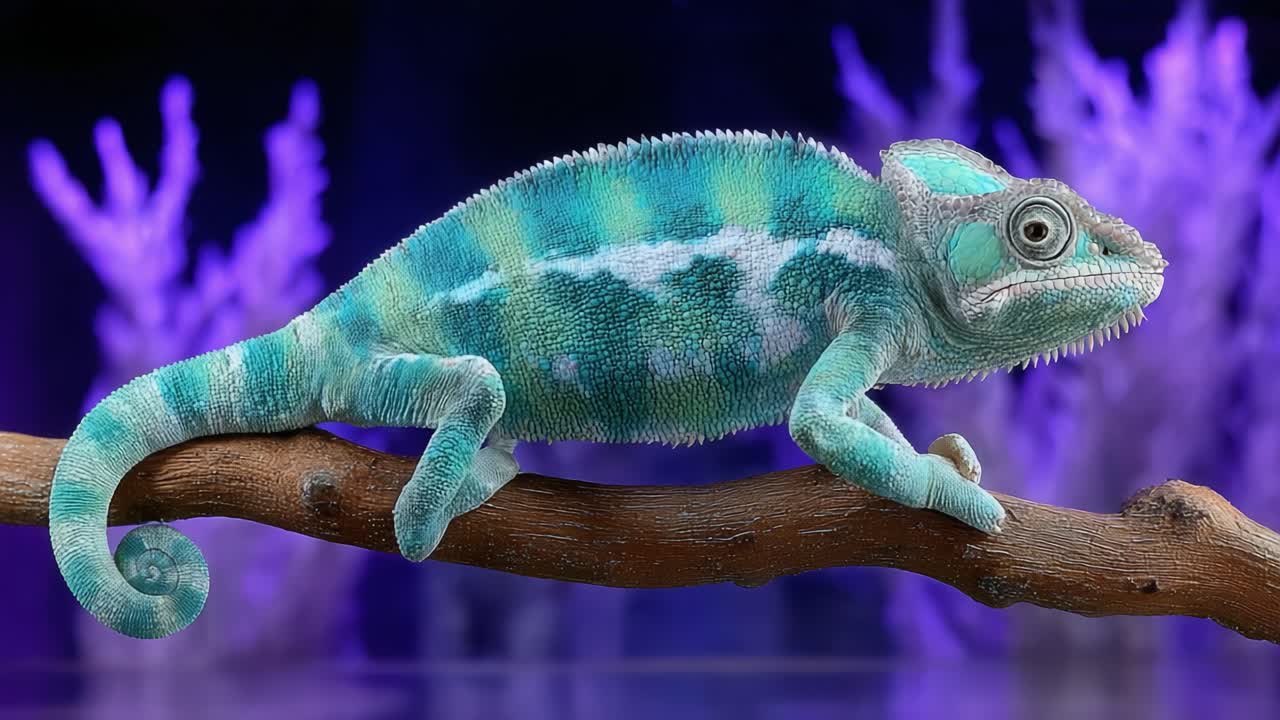 A Gorgeous Chameleon Displaying Vibrant Colors Perched on a Branch Against a Purple Coral Background, Captivating the Viewer with Its Unique Features