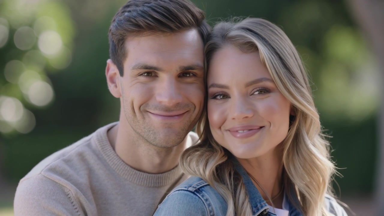 Casal sorridente e inclinado, trocando sorrisos carinhosos no parque, com o homem usando jaqueta jeans e suéter bege.