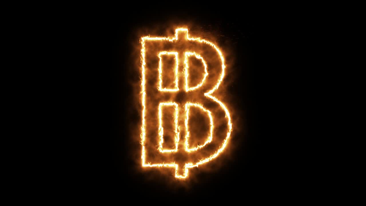 불타는 불꽃의 비트코인 상징: 불꽃에서 만들어진 암호화폐 비트 코인 아이콘, 불타는 화염 글 또는 불타는 알파 텍스트, 걱거리는 불타는 빛나는 열 효과, 3d 렌더링.