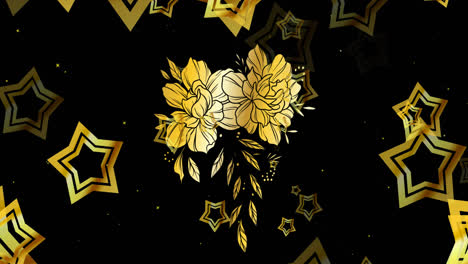 animation of flowers lips and gold stars over snow falling on black background