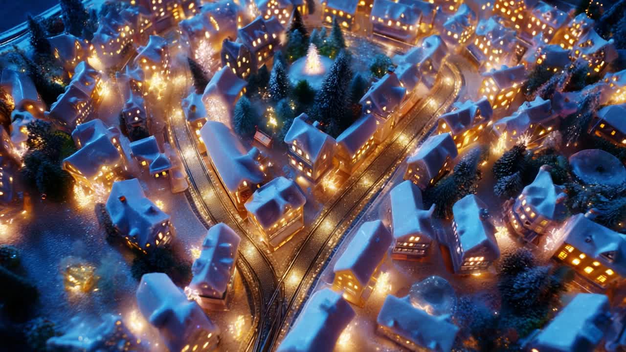 A Winter Wonderland: Aerial View of a Festively Lit Miniature Village, Showcasing Snow-Covered Roofs, Twinkling Lights, and a Serene Train Track Winding Through a Cozy, Holiday Atmosphere