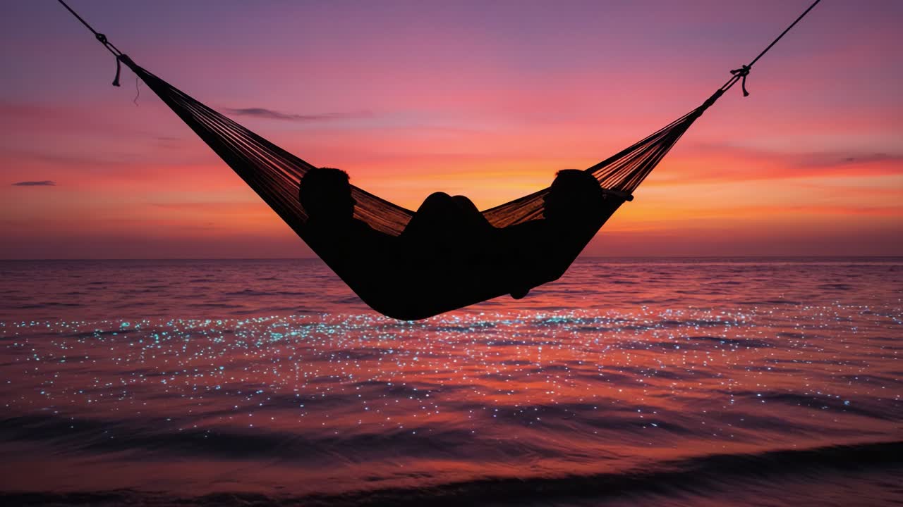 Serene Sunset Moments: A Beautiful Silhouette of Two Relaxing in a Hammock Against a Colorful Sea Horizon, Perfect for Capturing the Essence of Tranquility and Togetherness