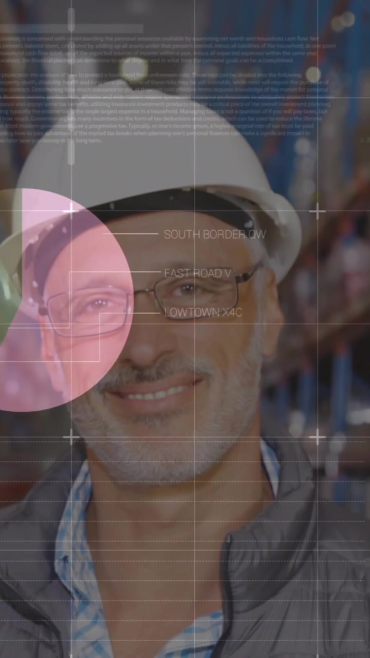 Statistical data processing against portrait of senior male supervisor smiling at warehouse