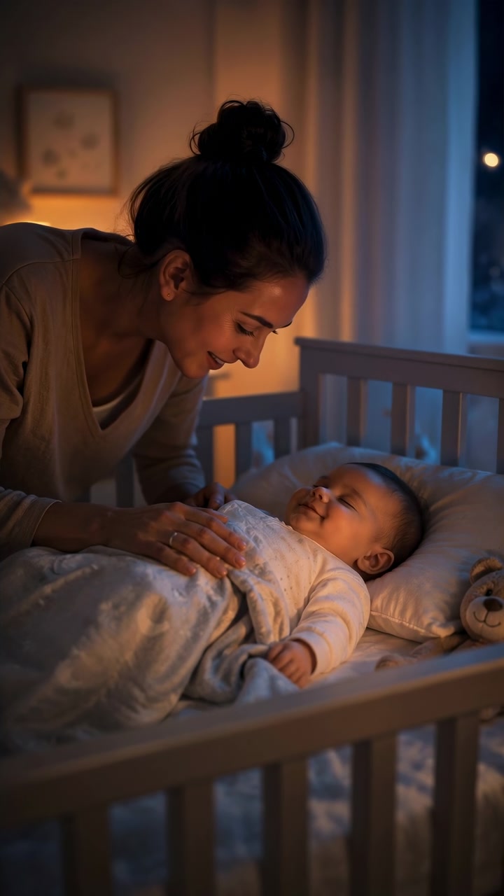 Mother leans over wooden crib to gently smooth blanket and watch sleeping infant, creating tender bedtime scene with warm lamp glow, cool window light, and calm nursery atmosphere, with mother, baby