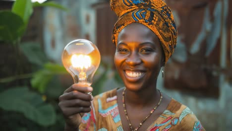 african woman holding a lightbulb