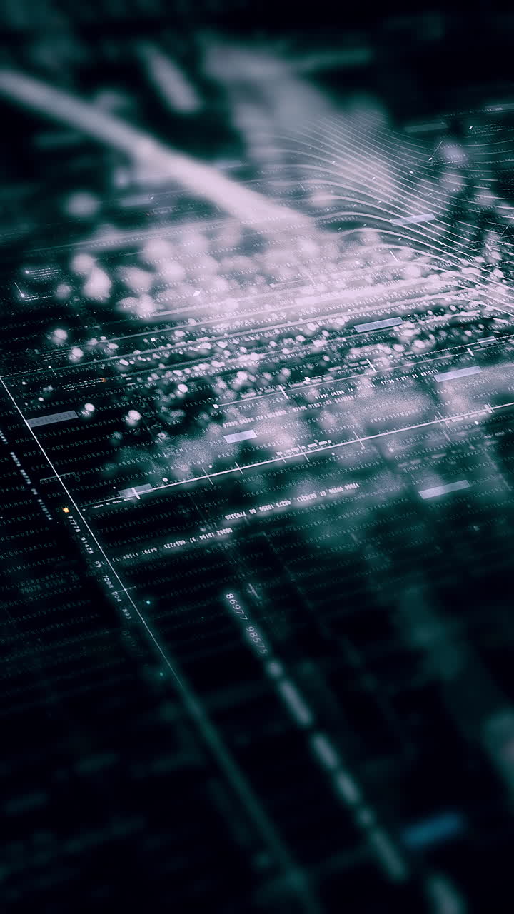 Metaverso futuristico, telemetria dati digitali hi-tech con visualizzazione di numeri crittografati, sfondo dinamico per desktop di computer, display a schermo in formato verticale