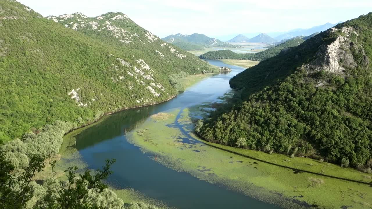 panoramic view of curvy river Crnojevica seen from Pavlova Strana lookout in Rijeka Crnojeviaa, Montenegro