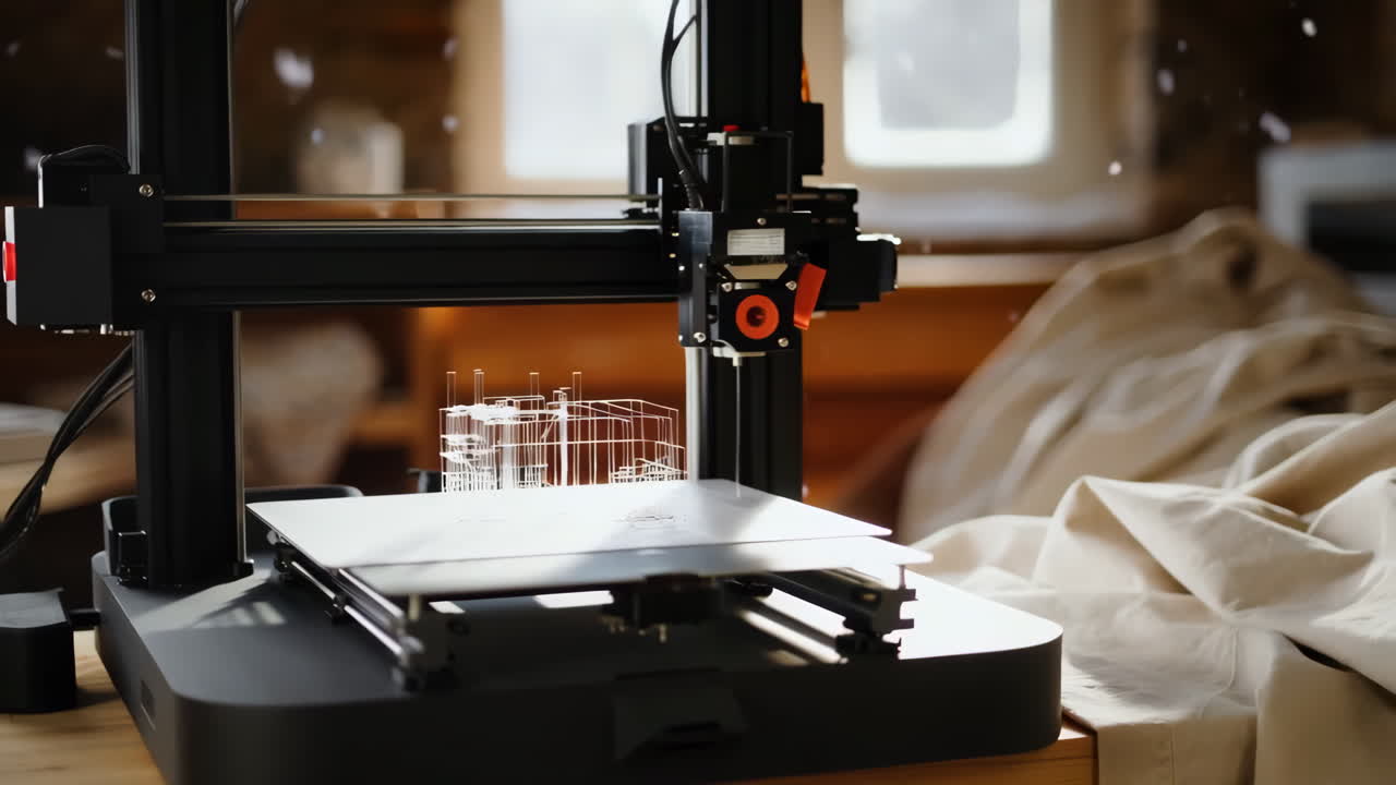 A 3D Printer Creating a Transparent Object in a Workshop Setting