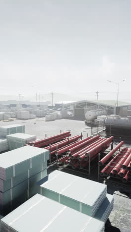 stacks of red pipes and building materials in a warehouse yard