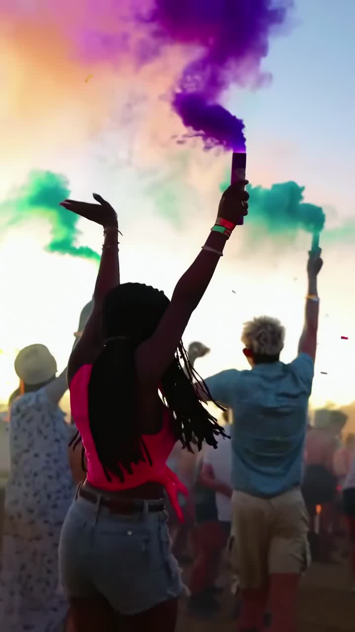 Glade unge mennesker, der danser og fejrer på en udendørs festival under solnedgang.