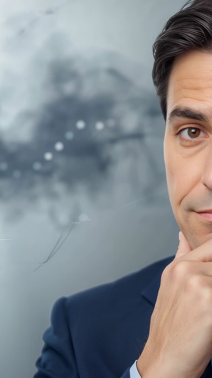 Video verticale: uomo in giacca e cravatta in studio che si tocca il mento con la mano destra e sposta lo sguardo verso sinistra, pensieroso