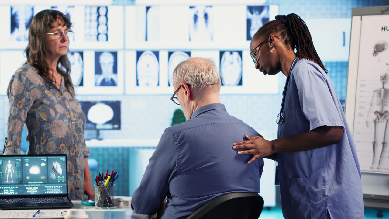 Vertical Video Girl physician uses precise techniques to examine a senior patient