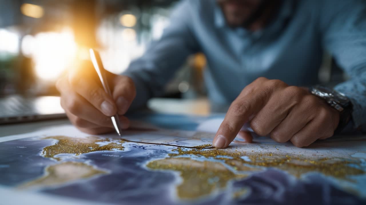Mies jäljittää huolellisesti reittiä suurella maailmankartalla. Auringonvalo korostaa keskittyneitä käsiä ja yksityiskohtaisia mantereita. Kohtaus näyttää strategista suunnittelua tai globaalin matkailun konseptia. Ihanteellinen liiketoimintaan, matkailuun.