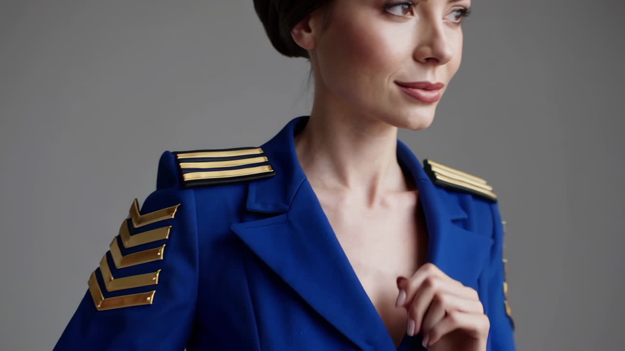 Donna in elegante uniforme da pilota blu
