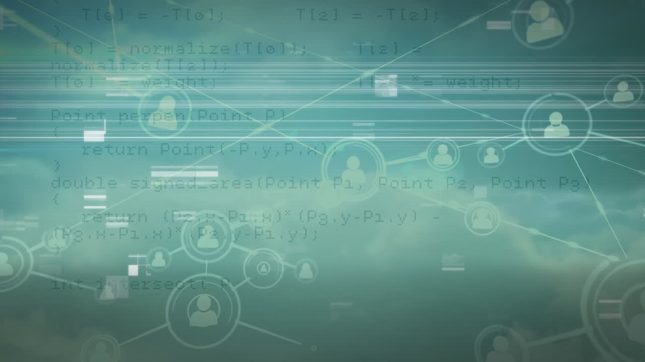 animación de la red de conexiones con iconos de personas y procesamiento de datos a través de la red