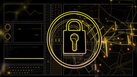 Lock-symbol-and-cybersecurity-animation-over-digital-data-and-graphs