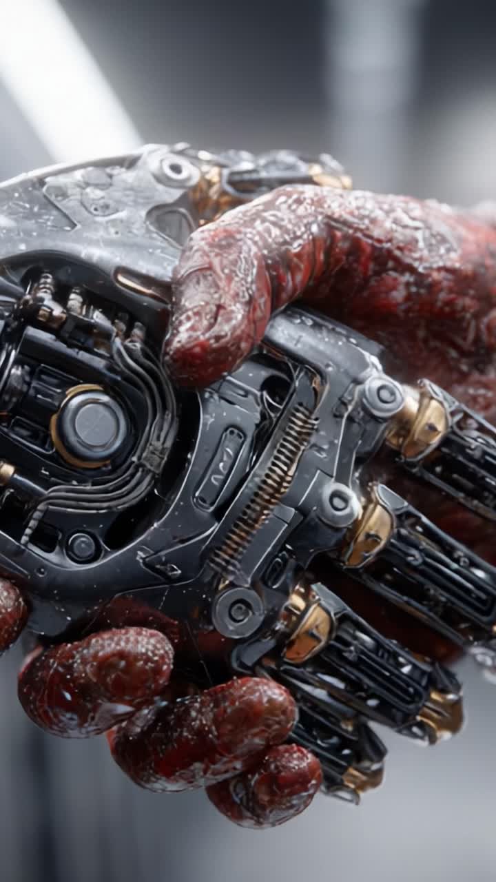 A Close-Up Look at a Highly Detailed Cybernetic Hand Grasping an Intricate Mechanical Component, Showcasing Advanced Robotics and Textural Elements