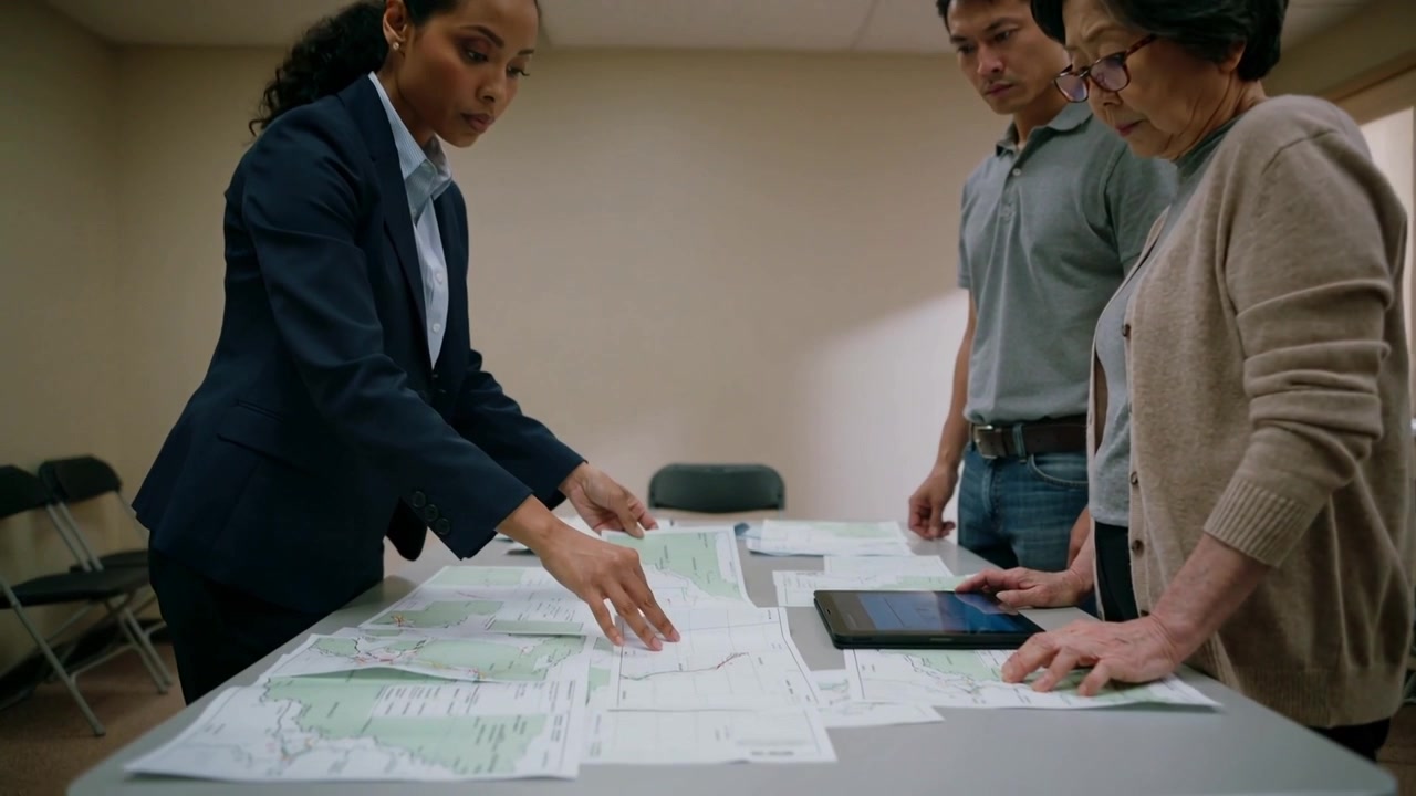 Pulling maps, facilitator in suit arranging and pointing at meeting table with tablet