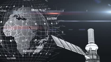 Animation-of-satellite-over-globe-and-numbers-processing-on-black-background