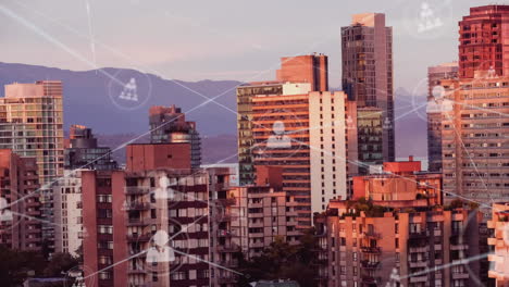 animación de redes de conexiones con iconos sobre el paisaje urbano