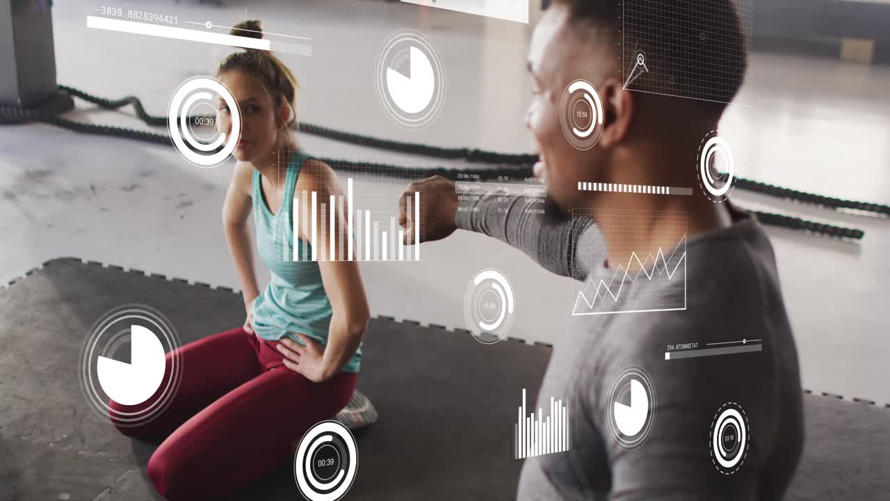 Coach coaching client speaking and showing right punch on mat client preparing HUD overlay tracking