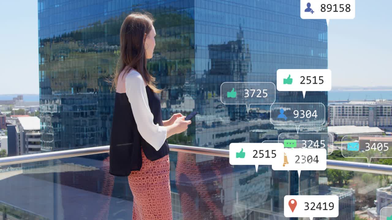 Woman tapping phone on rooftop making biz alert bubbles clustering near hands while checking ROI