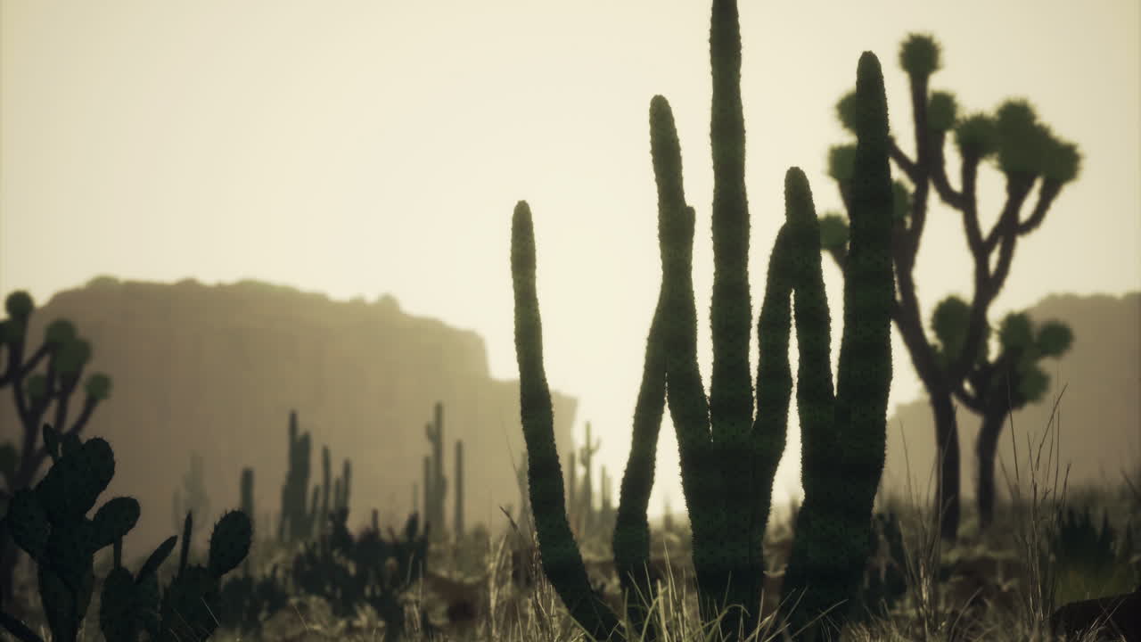 puesta de sol en el desierto con altos cactus iluminando el horizonte
