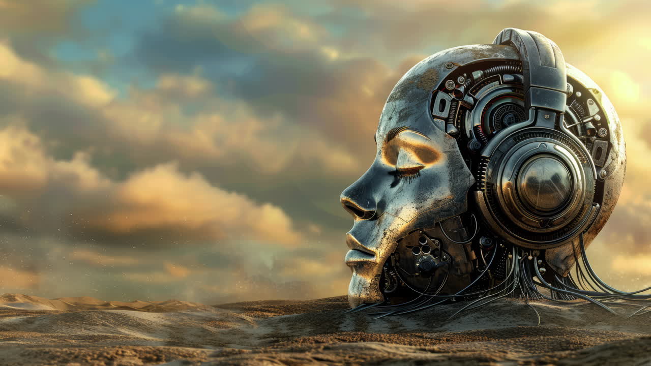 디스토피아 사막의 고대 돌 머리들은 생성 예술로 만든 헤드폰을 착용하고 있습니다.