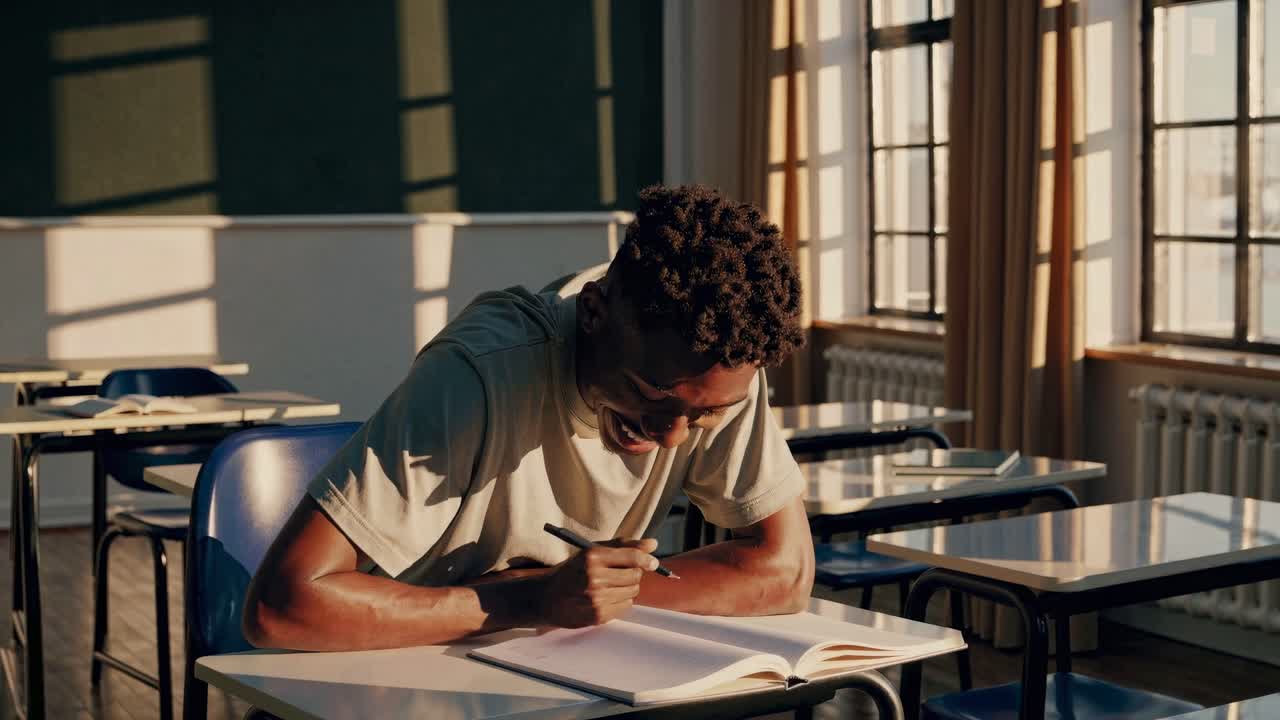 A contemplative video capturing a student reading alone in a sunlit classroom, emphasizing solitude