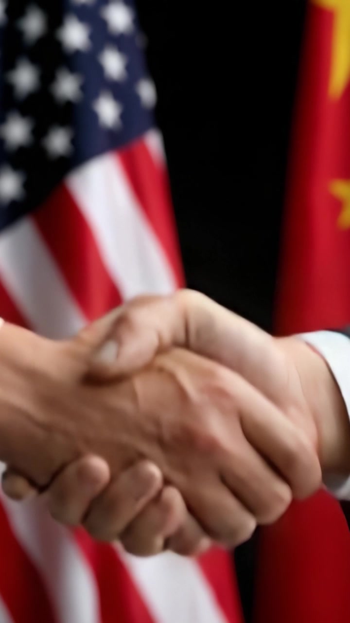 Um Gesto Diplomático: Um Aperto de Mão Firme Simbolizando Cooperação e Parceria Entre Duas Nações com Bandeiras de Fundo Representando os Estados Unidos e a China