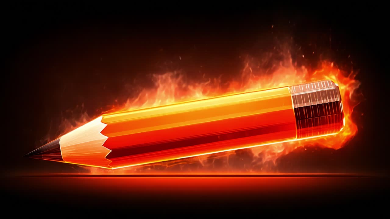 An Electrifying Pencil Amidst Fiery Flames: A Captivating Visual Contrast Between Artistry and Intensity, Showcasing Vibrant Orange Hues and Dynamic Motion Effects