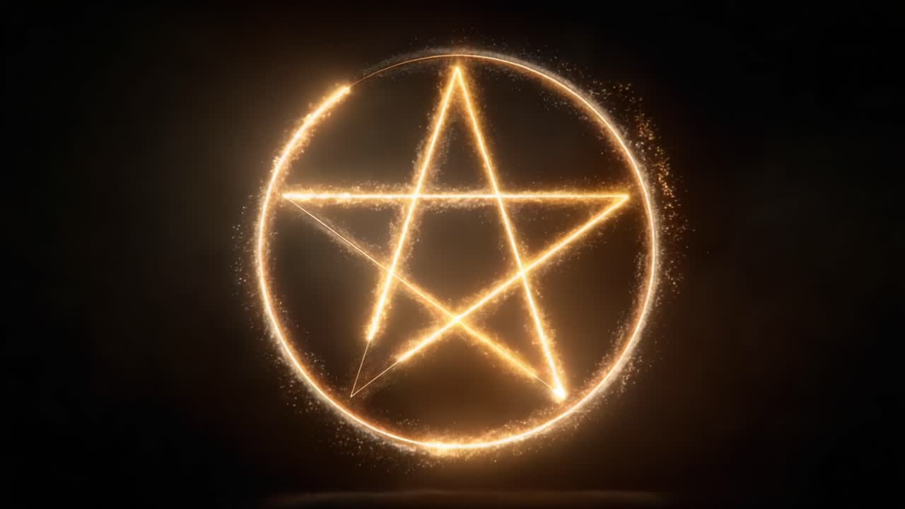A mesmerizing transformation of a glowing pentagram symbol, illuminated with sparkling golden particles that captivate the viewer's imagination in a mystical setting