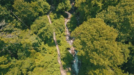 Hermosas-Imágenes-De-Drones-De-Personas-Caminando-En-Un-Puente-Peatonal-Junto-A-Un-Río-En-Movimiento-Rápido-En-Un-Gran-Bosque-Verde