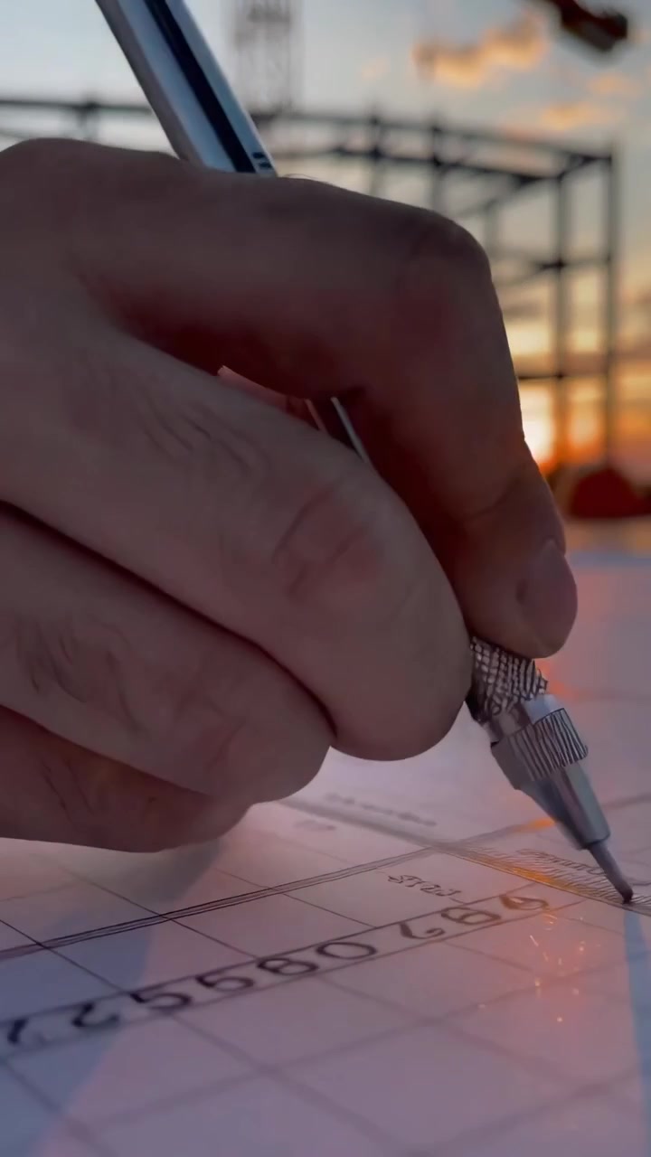 Architect's Hand Drawing Blueprint at Construction Site During Sunset