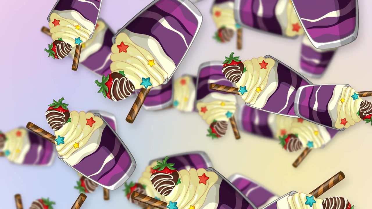 Taças de sobremesa roxas animadas com chantilly e morangos caindo contra um gradiente de malha suave
