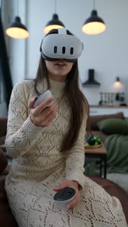 woman experiencing virtual reality at home