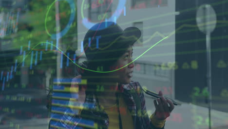 animation of stock market data processing over asian woman talking on smartphone on the street