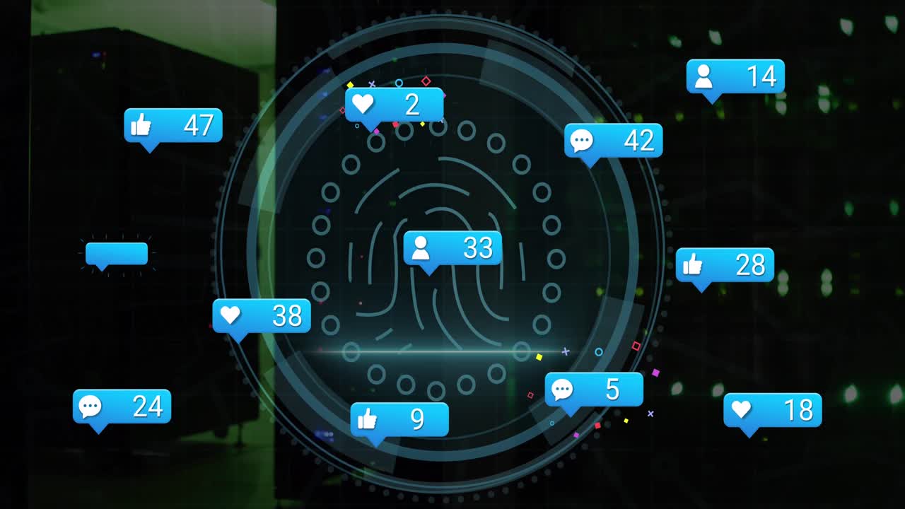 múltiples burbujas de habla y texto de seguridad cibernética sobre escáner redondo contra un fondo negro